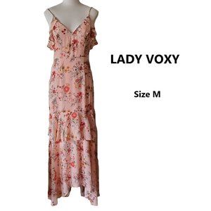 Lady Voxy Peach Floral Ruffle Chiffon Maxi Dress M